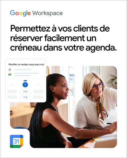 This ad promotes Google Workspace, emphasizing its feature that allows clients to easily book appointments directly into