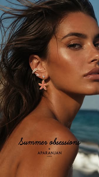 This ad showcases the brand Aparanjan Paris through a close-up of a person wearing its earrings, set against a beach bac