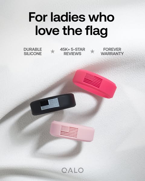 This ad for QALO features three silicone rings in different colors with an American flag design. It highlights the durab