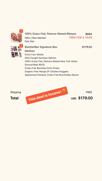 The ad showcases an insane deal from ButcherBox, offering 100% Grass-Fed, Pasture-Raised Ribeyes and their Signature Box