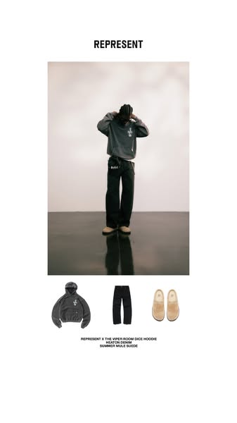 The ad showcases clothing and footwear by Represent, featuring an outfit of a hoodie, pants, and sandals worn by a model