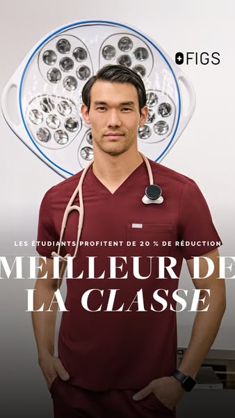 This ad for FIGS features a male medical student wearing a maroon scrub set. The ad highlights a 20% discount for studen