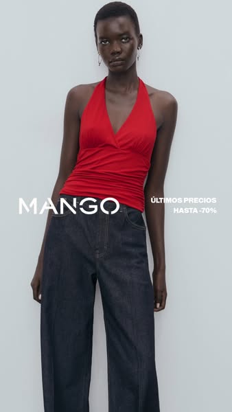 A product photo for Mango featuring a woman in a red halter top and jeans