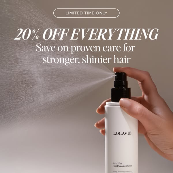 This image ad features the Lolavie Speed Dry Heat Protectant Spray, promoting a limited-time offer of 20% off everything