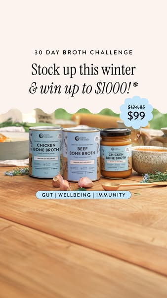 This ad showcases bone broth products. The offer is to stock up this winter and win up to $1000.