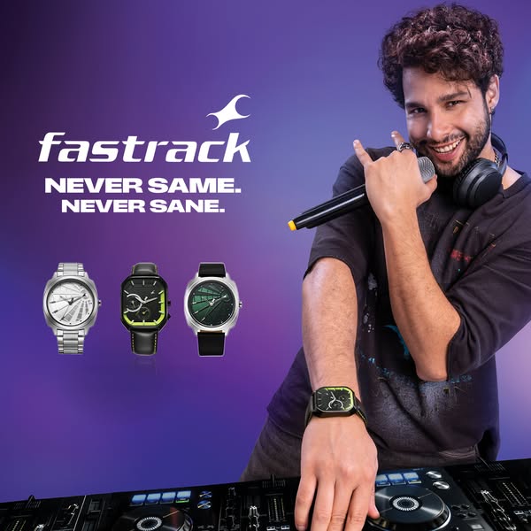 This ad showcases Fastrack watches with a background of a DJ with a soundboard in front of a purple and blue gradient ba