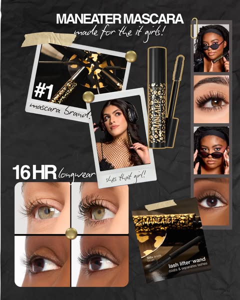 This ad showcases the Tarte Maneater Mascara, emphasizing its ability to deliver long-wearing lashes and the #1 mascara 