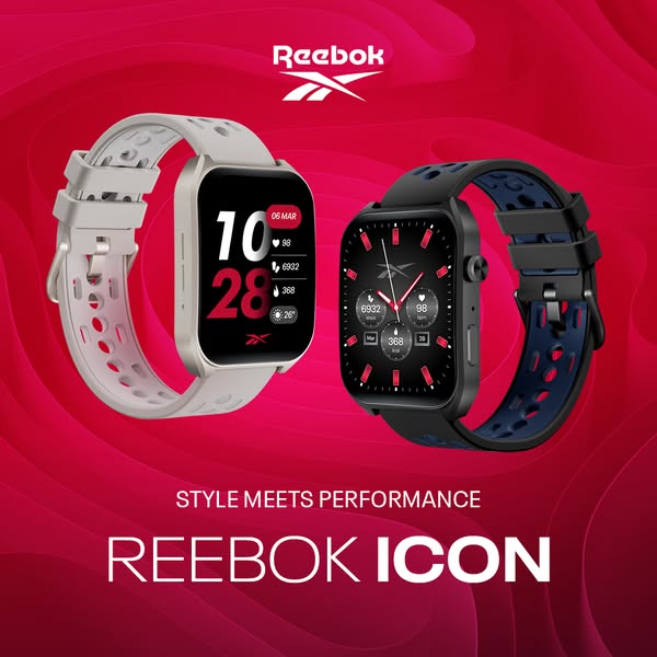 This ad showcases two Reebok Icon smartwatches, highlighting their blend of style and performance. The ad features a cle