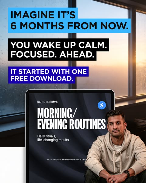 The ad promotes an app or program designed to help users develop morning and evening routines. It features a person near