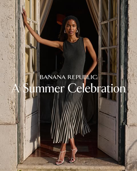 An image ad for Banana Republic showing a model in a vertically striped dress and strappy heels. The ad promotes a summe