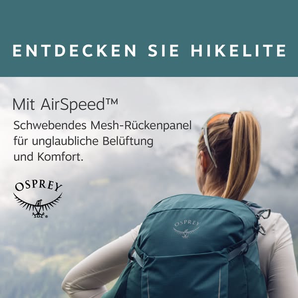 This ad showcases the Hikelite backpack by Osprey, highlighting its AirSpeed™ suspension system, which provides ventilat