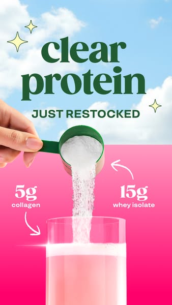 This image ad showcases a protein powder product. It begins with a headline that states "clear protein" along 