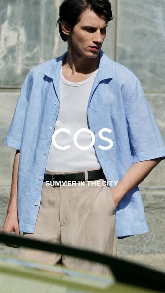 This ad features an image of a male model wearing a COS button-down shirt, t-shirt, and pants. The ad contains the brand