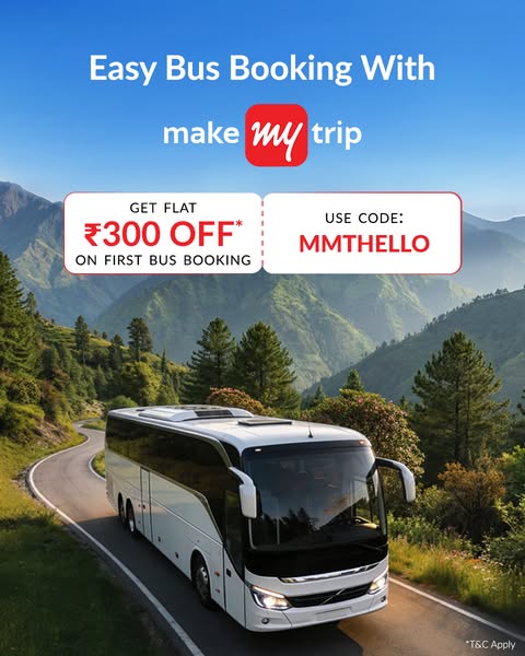 This image ad promotes Make My Trip's bus booking service. It uses a scenic background and a promotional offer to en
