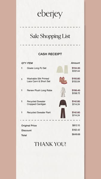 This ad mimics a shopping receipt, listing Eberjey items with both original and discounted prices to showcase the sale s
