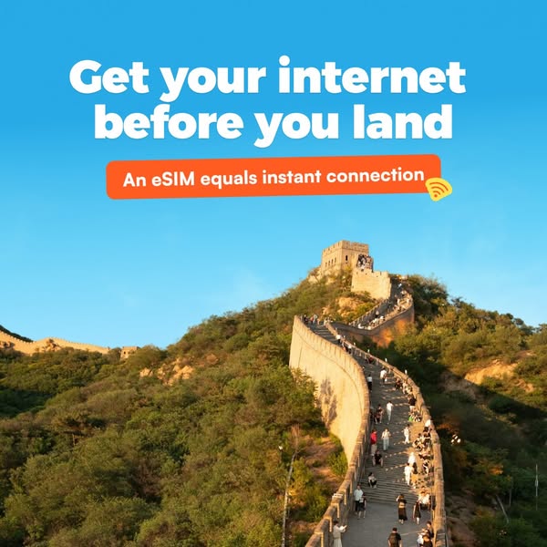 This image ad promotes a service that provides internet access via eSIM for travelers before they land at their destinat