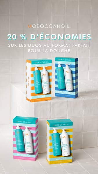 This image ad from Moroccanoil promotes a 20% discount on their shampoo and conditioner duos, specifically designed for 