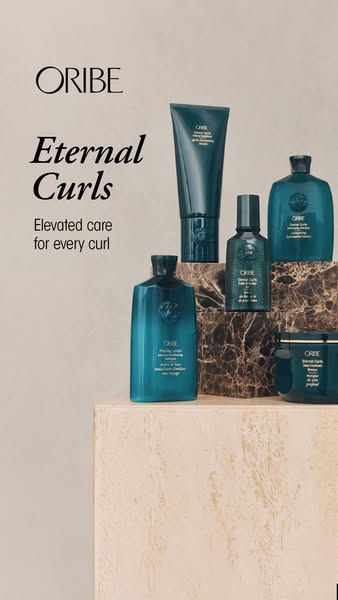 This image ad showcases the Oribe Eternal Curls product line against a neutral-toned background. The ad aims to highligh
