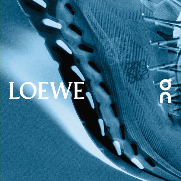 This ad features a close-up of a blue running shoe, showcasing the collaboration between the brands Loewe and On.