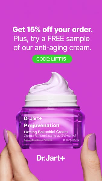 An ad for Dr. Jart+'s Prejuvenation Firming Bakuchiol Cream that offers 15% off and a free sample. The ad uses a pro