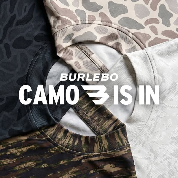 This image ad by Burlebo features a close-up of four different camouflage t-shirts arranged in a circular pattern. The a
