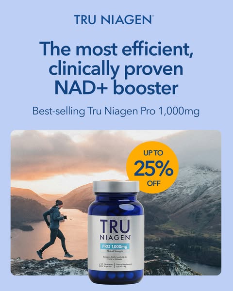 This image ad promotes Tru Niagen Pro 1,000mg as the most efficient, clinically proven NAD+ booster. It highlights a lim
