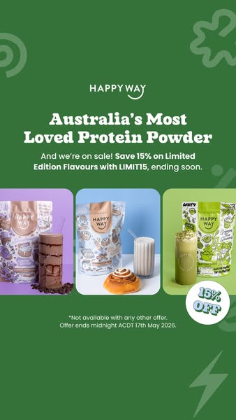 This image ad by Happy Way promotes their protein powder, highlighting that it is Australia's most loved. It feature