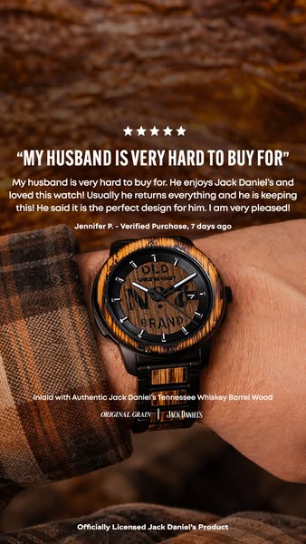 This image ad features a customer testimonial for a watch inlaid with authentic Jack Daniel's Tennessee Whiskey Barr