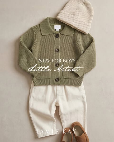 This image ad features a set of clothing and accessories for boys from Jamie Kay. The brand is highlighted as 'Littl