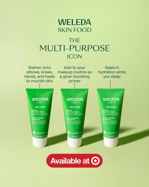 This ad for Weleda Skin Food shows three tubes of the product with text highlighting three use cases: as a moisturizer f
