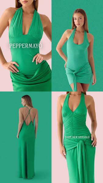 This ad features a grid of four photos of a woman modeling green dresses from Peppermayo. The ad is aimed at young women