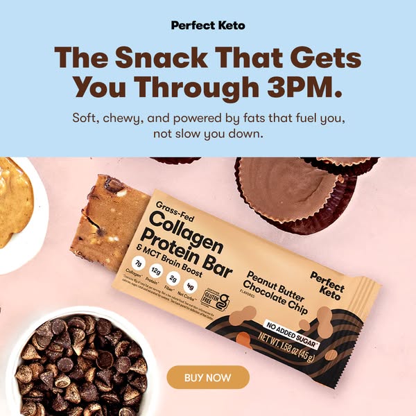 This image ad for Perfect Keto promotes their collagen protein bar as a snack that provides sustained energy throughout 