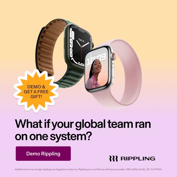 This ad for Rippling is aimed at businesses with global teams. It features two smart watches to draw the viewer's at