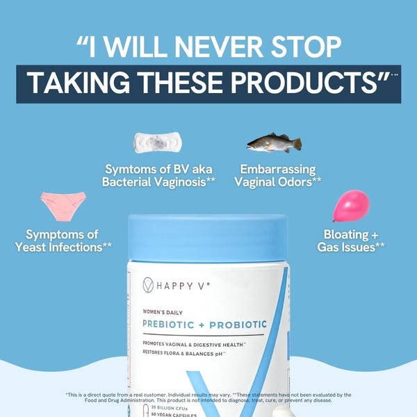 This image ad for Happy V Prebiotic + Probiotic aims to solve the issues of bacterial vaginosis, vaginal odors, yeast in