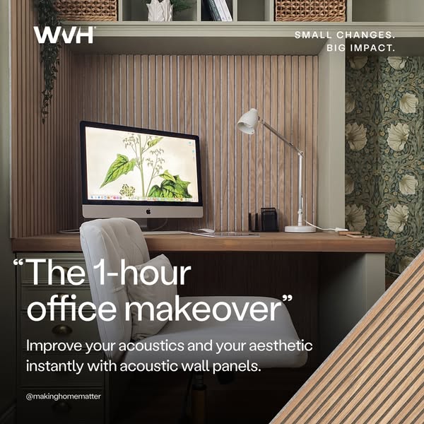 The ad presents acoustic wall panels as a solution for quickly improving both the aesthetics and acoustics of a home off