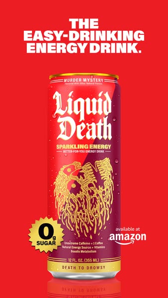 This ad for Liquid Death's Murder Mystery sparkling energy drink uses a vivid red backdrop and gothic-style imagery 