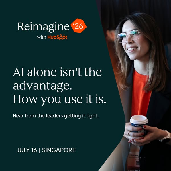 This ad promotes a conference called Reimagine '26 with HubSpot, emphasizing that the advantage lies not in AI alone