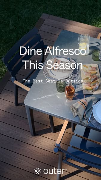 An image ad showcases an outdoor dining set complete with dining ware and drinks, inviting viewers to dine alfresco this