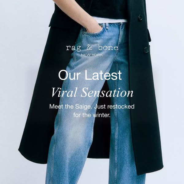 This ad showcases Rag & Bone jeans, specifically highlighting the 'Saige' style, which is presented as a pop
