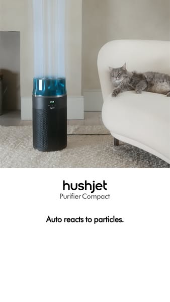 A modern-looking air purifier is shown with an animated light display to purify the air in the home. The product is show