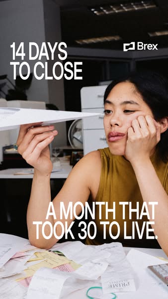 The ad features a woman looking distressed while holding a paper airplane above a desk scattered with receipts and finan
