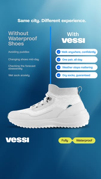 This ad highlights the benefits of Vessi waterproof shoes, focusing on how they solve common problems like wet socks and