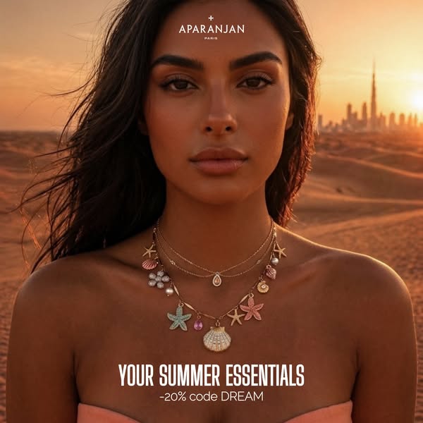 The ad features a model wearing an Aparanjan necklace in a desert setting during sunset, promoting the brand's summe