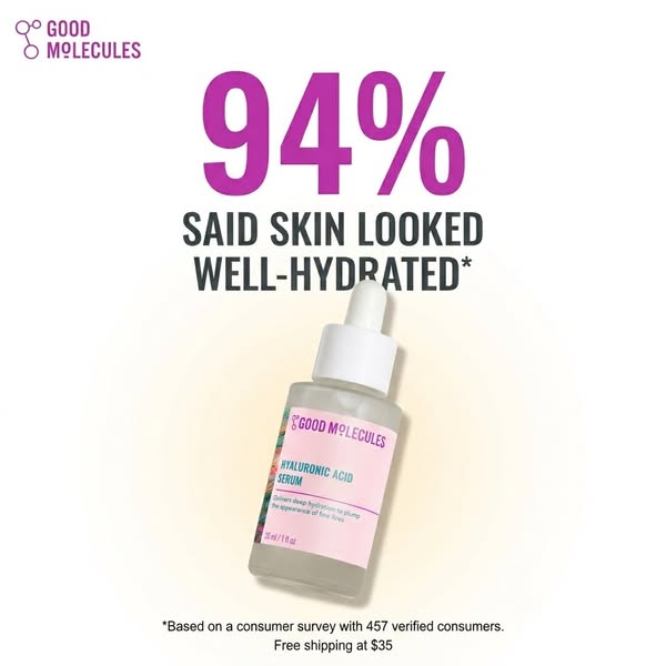 This ad features Good Molecules Hyaluronic Acid Serum, highlighting its hydrating benefits as validated by consumer surv
