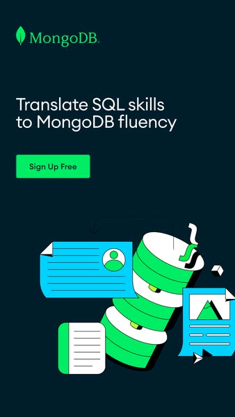 This ad promotes MongoDB by highlighting how users can translate their SQL skills to MongoDB fluency. The ad features a 