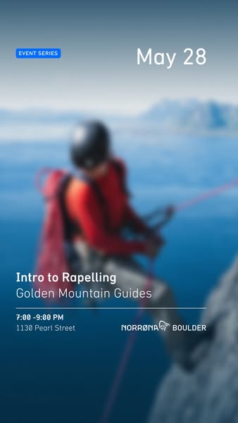 This ad promotes an introductory rappelling event hosted by Golden Mountain Guides on May 28, from 7:00-9:00 PM at 1130 