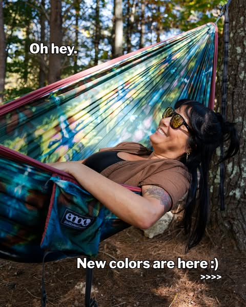 This ad features a woman relaxing in an ENO hammock in the woods. The ad copy calls out the new colors that are availabl