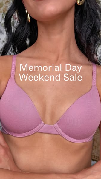 This ad features a woman wearing a lavender bra from Pepper, advertising a Memorial Day Weekend Sale.