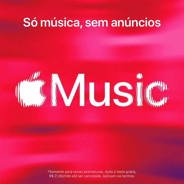 This image ad for Apple Music promotes ad-free listening. The ad features the Apple Music logo against a red background 