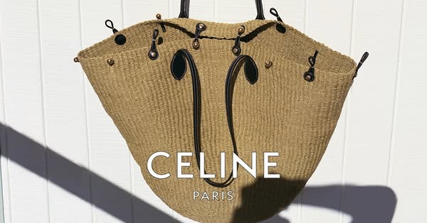 This ad features a neutral woven tote bag, overlaid with the brand name CELINE. The bag is displayed against a bright wh